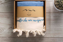 Load image into Gallery viewer, Boho poetry towel hikmet gift idea royal blue