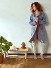 Load image into Gallery viewer, Red royal blue boho cotton dressing gown bathrobe
