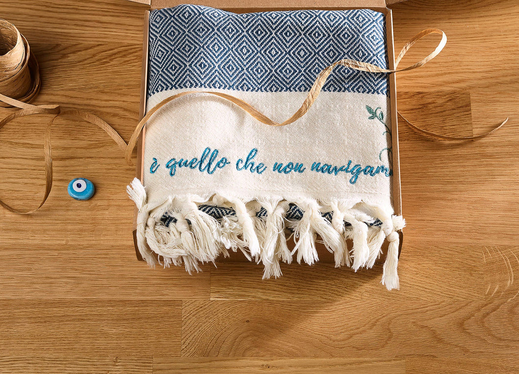 Boho poetry towel hikmet gift idea denim blue