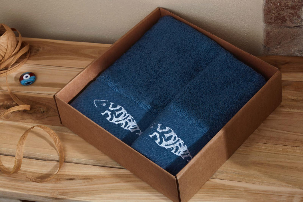 Box coppia asciugamani in bamboo ricamati PESCI BLU