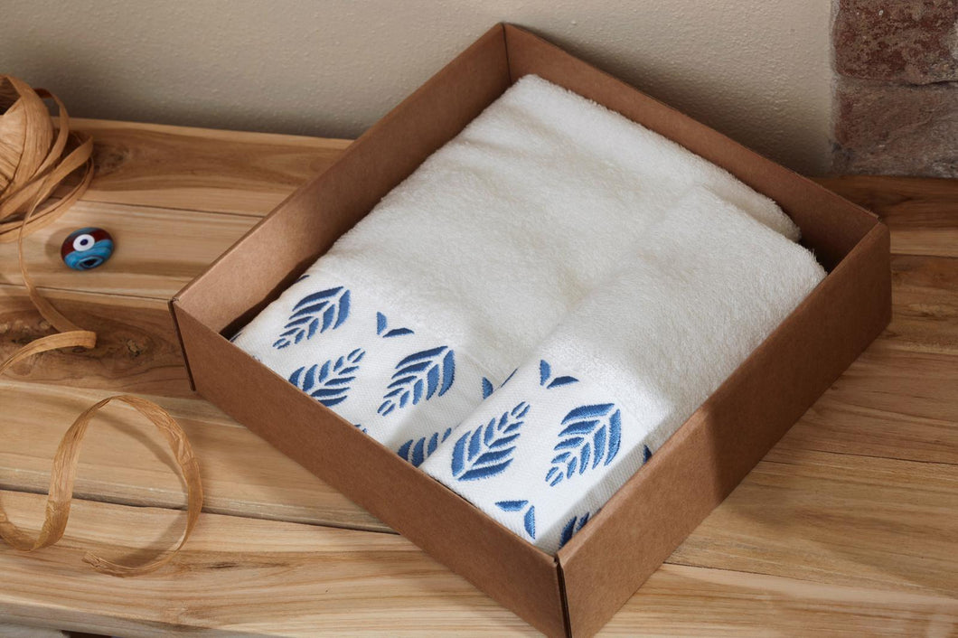 Box coppia asciugamani in bamboo ricamati spiga blu