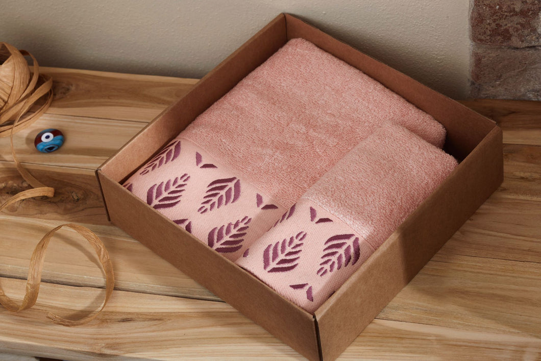 Box coppia asciugamani in bamboo ricamati SPIGA ROSA
